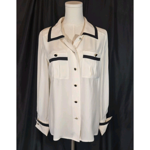 New Frame Black Piped Double Pocket White Silk Shirt XS - Picture 2 of 9